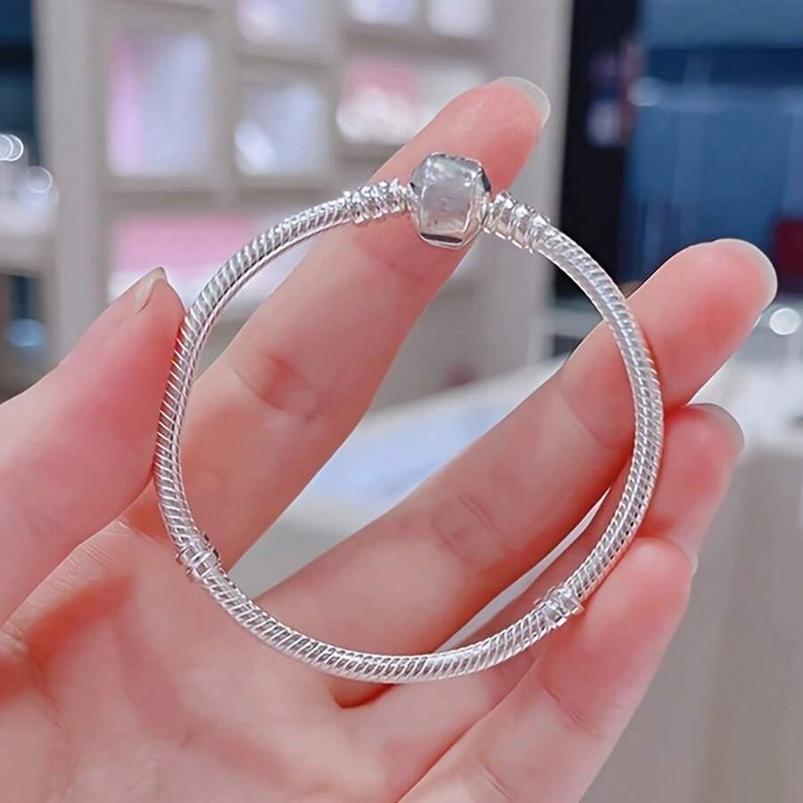 925 Sterling Silver Plated Luxury Handmade Silvery Snake Charm Bracelet For Women 3mm Beads Charms Basic Chain Ideal Gift Fashion Jewelry - Silver - View 1