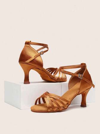 Scarpe da ballo latino per donne, tacco a spillo in raso marrone, professionali, da ballo da sala da ballo, da salsa, da pratica e da esibizione