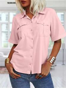 IGKEEL Solid Color Short Sleeve Casual Versatile Shirt, Button Front Collar With Pocket, Summer Style - Pink - View 3