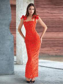 蝴蝶结蕾丝镂空优雅奢华修身正式晚礼服 - 橘色 - 查看 1