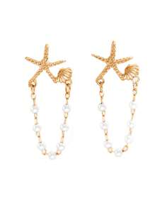 1 paire de délicates boucles d'oreilles pour femmes avec perles aléatoires, coquillages et design étoilé. Boucles d'oreilles uniques convenant aux fêtes, cadeaux et à un port quotidien