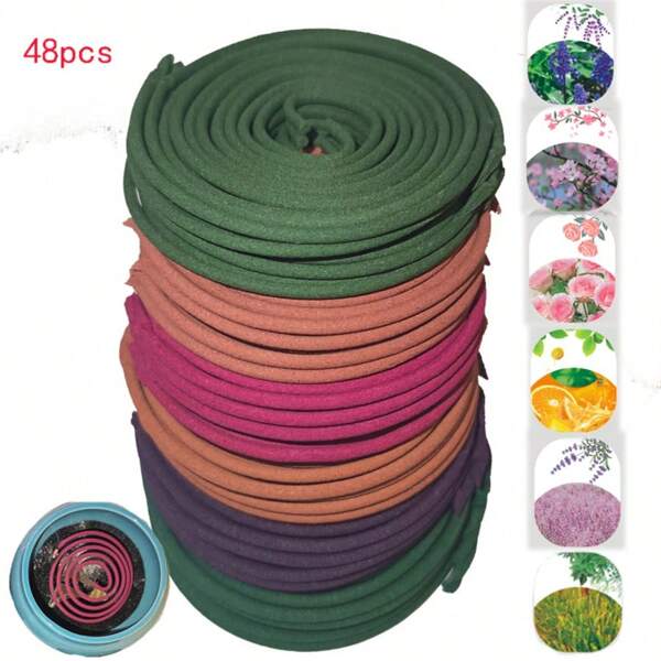 48pcs (Assorted Fragrance Coils), Sakura, Lemongrass, Rose, Sage, Lavender, Orange Aromatherapy Incense Coils, 3-4 Hours Burn Time, Suitable For Air Purification, Yoga, Meditation, Fitness, Home Cleaning And Relaxation, Best Gift Choice
