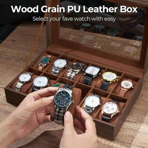 6/10/12 Slot PU Leather Wood Grain Watch Box, Watch Storage Case With Cushion Interior, Protects Watches For Women Storage Organizer Travel Essentials Back To School Dormitory Storage