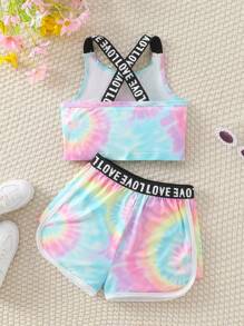 2pcs Girls Outfit: Sleeveless Letter Print Cropped Top And Tie Dye Gradient Print Casual Shorts, Summer Fashion Sports Suit