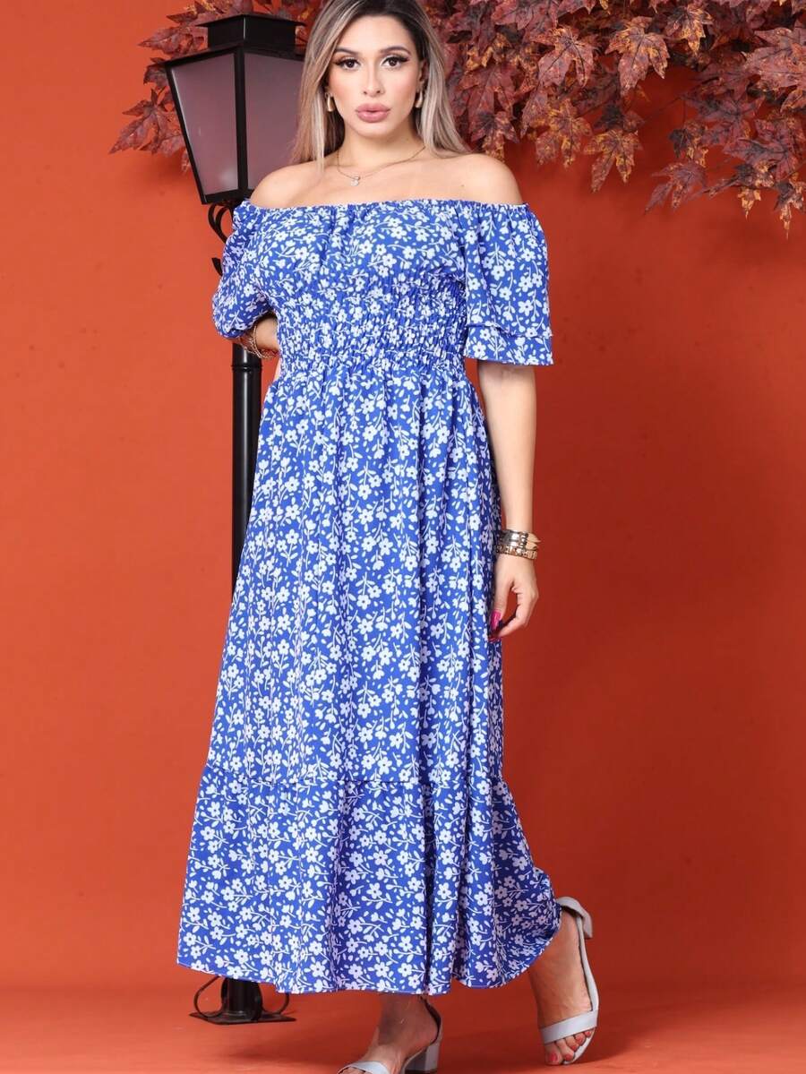 WOMEN'S LONG MIDI DRESS WITH PUFFED SLEEVES, RUFFLED, OFF-THE-SHOULDER, TRES MARIAS FLORAL - Azul - Ver 1