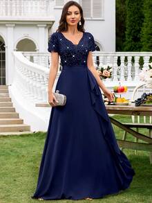 MIUSOL Deep V-Neck Contrast Sequin Lace Ruffle Trim Chiffon Formal Party Maxi Dress - Navy Blue - View 2