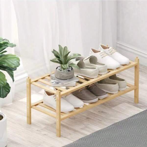 1 pieza Estante plegable multicapa, Caja de zapatos de bambú de 2 niveles, Organizador de zapatos apilable a prueba de polvo, Contenedor de zapatos deportivos, Caja de almacenamiento ahorra espacio para entrada, dormitorio, hogar, dormitorio