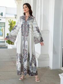 V-Neck Robe, Regular Fit, All-Over Print, 75D Stretchy Soft Fabric, Regular Sleeve, Sparkly Rhinestone Embellishment, Elegant & Luxurious Arabic Style Jalabiya Long Dress