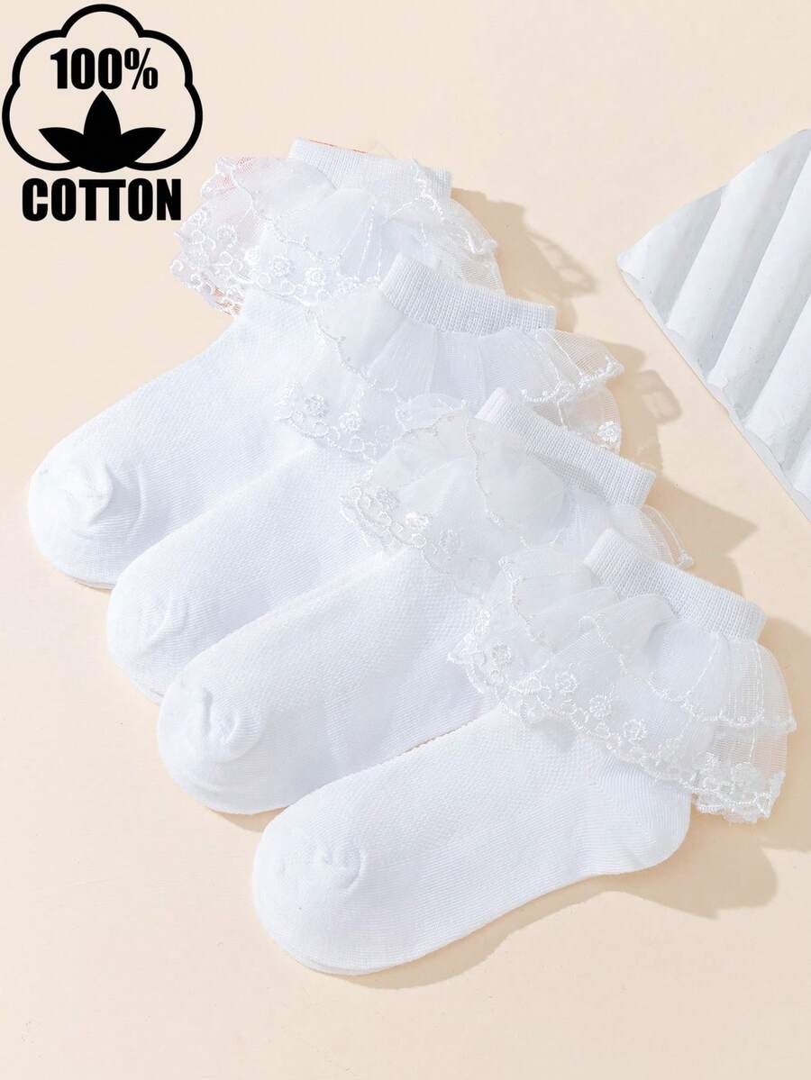 4 Pairs Girls White Layered Lace Trim Ankle Socks, Princess & Ballet Style - White - View 1