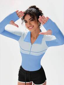 PinkTip 2025 Summer Seamless Yoga Sculpting Short Sleeve Jacket Tummy Control & Breathable Workout - Blue - View 5