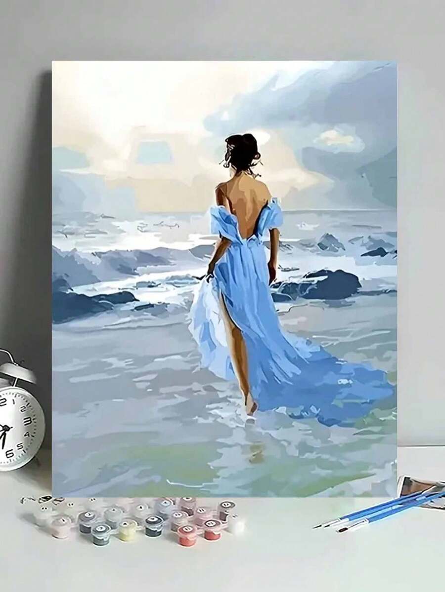 Bộ tranh sơn dầu kỹ thuật số tự làm Woman On The Beach không có khung, Quà tặng sinh nhật, Lễ hội trí tuệ, Không cần tranh cơ bản, Có thể làm tranh treo tường, Tác phẩm nghệ thuật đẹp dễ hoàn thành - Màu xanh nhạt - Xem 1