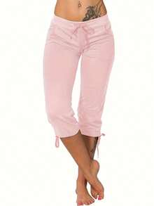 Pantalones capri de mujer con cintura media, cordón y bolsillos, estilo casual, primavera/verano - Rosa - Ver 1