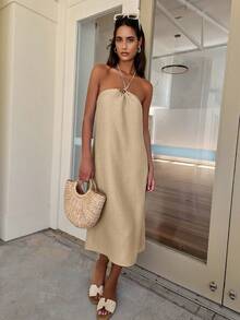 夏季卡其色高端金属装饰吊带露背优雅婚礼派对沙滩度假连衣裙，适合女性，也适合情人节和海滩穿着 - 卡其色 - 查看 6