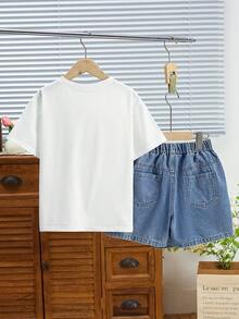 2 件/套女孩休闲蝴蝶印花牛仔 T 恤和牛仔短裙，带刺绣蝴蝶装饰 - 白色 - 查看 2