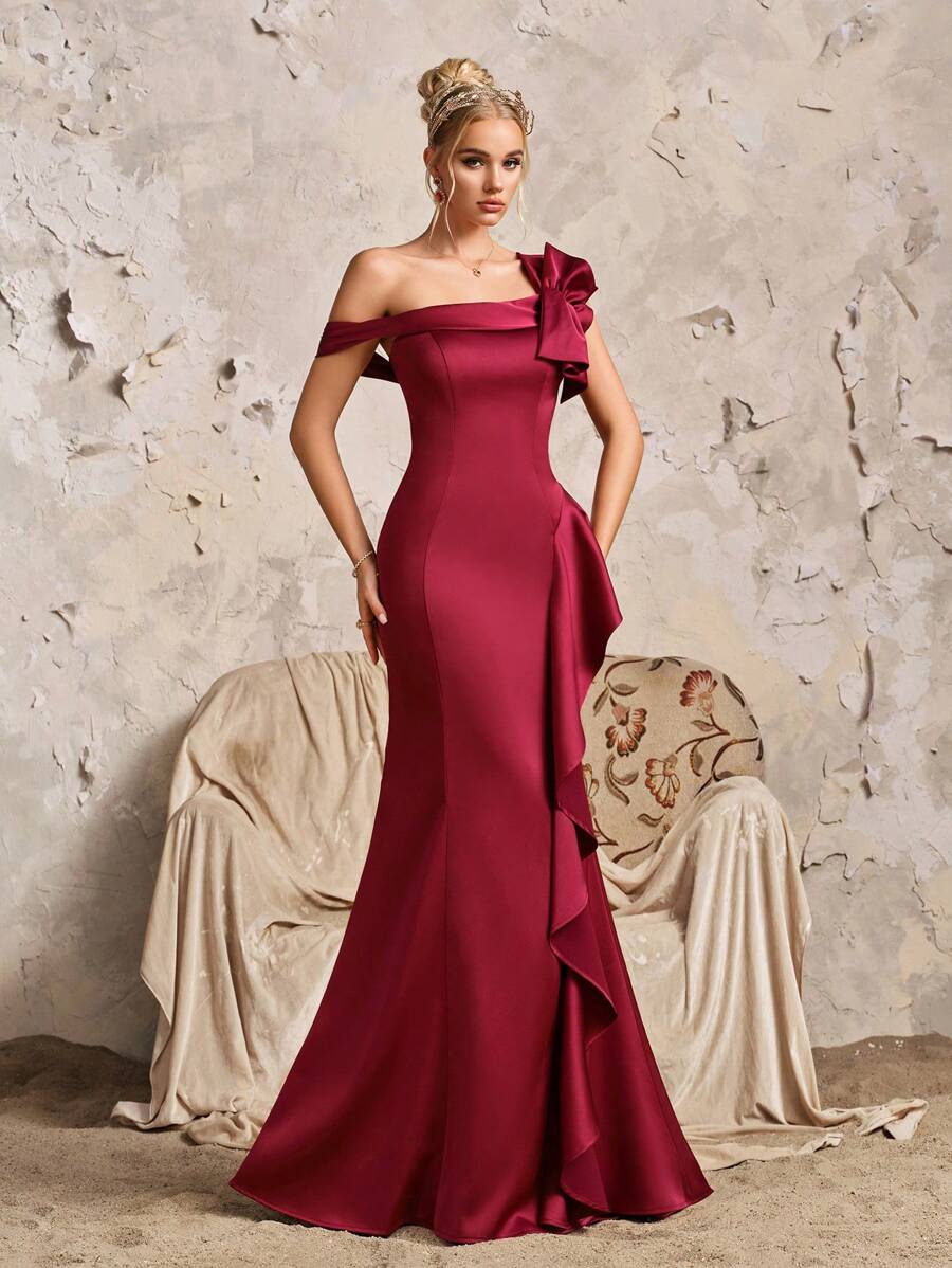 Abito da sera elegante a sirena in raso lucido bordeaux con decorazione fiocco, adatto per balli, eventi formali, cerimonie, ospiti di matrimoni