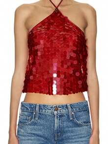 Women Sparkly Sequins Tank Tops Tie-Up Halter Neck Vests Summer Sleeveless Crop Tank Vest Tops - 紅色 - 查看 7