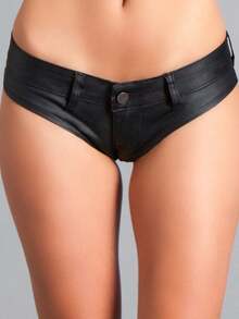 Low Rise Faux Leather Micro Shorts – Bodycon Fit – Edgy Clubwear Bottoms – Zipper Fly – Night Out Essential - 黑色 - 查看 1