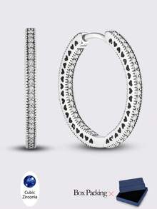 Pendientes de aro grandes de circonita cúbica de plata de ley 925 para mujer, regalo de joyería para fiestas, bodas y compromisos - Plateado - Ver 3