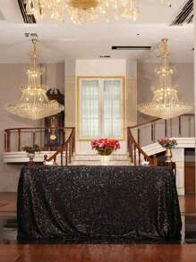 1pc Black Sequin Tablecloth, Glittering Golden Table Topper For Birthday Party, Halloween, Wedding, Hotel & Banquet Decor, Nordic Style