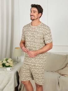 2pcs/Set Summer Men's Thin Geometry Print Round Neck Short Sleeve Shirt And Shorts Pajama Set, Casual Homewear With High-End Look