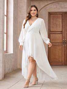 Plus Size Elegant Solid Color Fitted Long Sleeve A-Line Maxi Chiffon Dress, Formal Wedding Gown - White - View 3