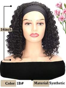 14inch Headband Wig Kinky Curly Wig Short Curly Water Wave Headband Wig Natural Black Headband Wig For Women, Glueless Half Wigs Synthetic Hair Curly Headband Wig - Black# - 查看 7