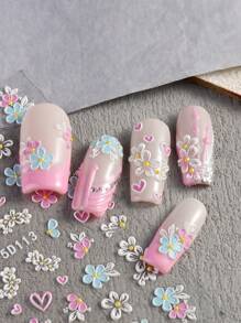 2 Pieces Of Spring And Summer Heart-Shaped Hollow Petal Nail Art Stickers - White, Pink, And Blue Hollow Five Petal Flowers And Heart-Shaped Art Design, 5D Relief Plastic Material, Suitable For Women's Disposable Self-Adhesive Back Adhesive Nail Art Stickers, Spring And Summer Fresh And Simple Floral Theme Style, Easy To Stick Nail Decoration Stickers