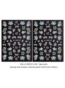 2 Pieces Of Spring And Summer Heart-Shaped Hollow Petal Nail Art Stickers - White, Pink, And Blue Hollow Five Petal Flowers And Heart-Shaped Art Design, 5D Relief Plastic Material, Suitable For Women's Disposable Self-Adhesive Back Adhesive Nail Art Stickers, Spring And Summer Fresh And Simple Floral Theme Style, Easy To Stick Nail Decoration Stickers