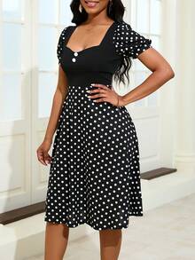 夏季优雅波点印花花瓣袖拼接连衣裙 - 黑色 - 查看 5