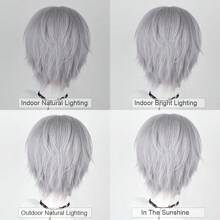 灰色合成短直发假发中分动漫游戏角色扮演男女蓬松假发适合日常派对 - 灰色 - 查看 9