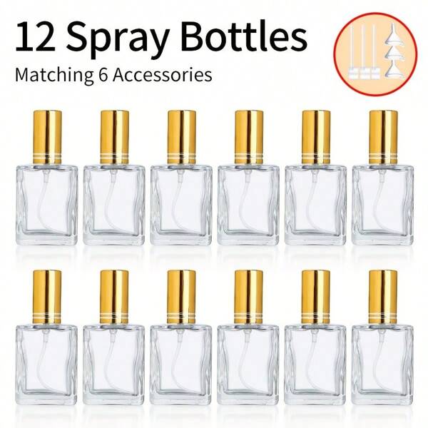 12pcs+6pcs Accessories Transparent Perfume Spray Bottles, 15ml Glass Fine Mist Atomizer Spray Bottles With 12 Spray Bottles, 3 Funnels, 3 Refilling Dispenser, Reusable For Fragrance, Essential Oils, Liquid