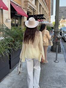 Bluză elegantă de damă cu imprimeu panglică, culoare simplă, cu manșete evazate, stil casual, pentru petreceri, primăvară/vară - Galben - Vizualizare 6