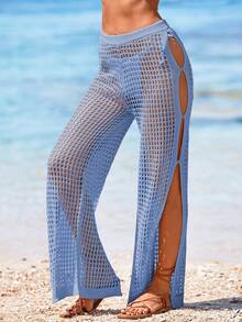 Women's Summer Beach Vacation Outfits Solid Color Simple Everyday Cut-Out Blouse Pants - Baby Blue - View 6