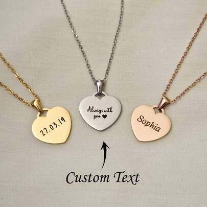 Personalised Txet Name Gift, Engraved Heart Necklace, Any Txet, Name Date Necklace, Gift For Her, Birthday, Anniversary Couples Gift, For Anniversaries, For Valentine's Day, For Birthdays