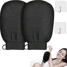 Luvas removedoras de pele morta com cordão para pendurar, luvas esfoliantes para corpo e rosto, luvas de banho massageadoras dupla face, pretas