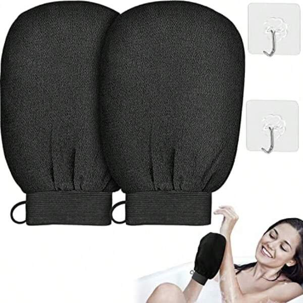 Luvas removedoras de pele morta com cordão para pendurar, luvas esfoliantes para corpo e rosto, luvas de banho massageadoras dupla face, pretas