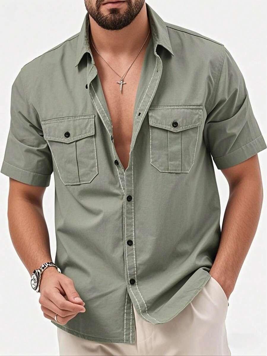 Áo sơ mi nam tay ngắn màu xanh lá cây, thời trang thường ngày đa năng cho tiệc công ty - màu xanh lá - Xem 1