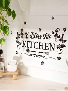 1pc Creative English Letters Flower Kitchenware Decoration Kitchen Background Wall Stickers Durable Waterproof PVC Stickers Self-Adhesive And Easy To Peel Suitable For Kitchen Dining Room Living Room Wall Decoration Home Decoration Make Your Life A New Holiday Decoration Stickers Birthday Graduation Gifts