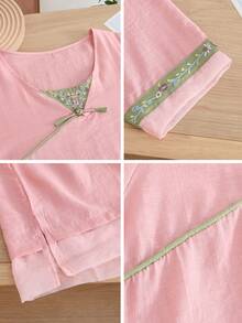 JIANHU Pastellrosa Leinen Boho Bluse - Sommer Blumen bestickte Oberteile | Obi Knoten Ausschnitt & grüner botanischer Saum für 4. Juli/Abschluss/Gartenfest | Weich & atmungsaktiv, locker geschnittenes Hemd - Pink - Übersicht 8