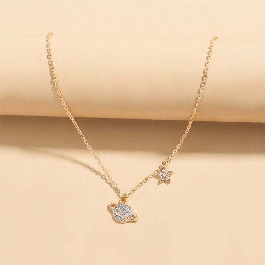 1pc Minimalist Multifunctional Rhinestone Earth & Star Pendant Necklace - Yellow Gold - View 1