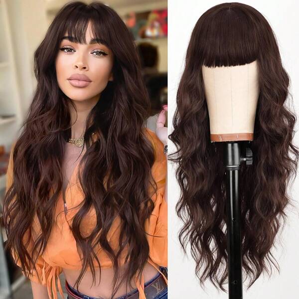 Perruque à la mode avec frange pour femmes de style européen et américain, cheveux longs bouclés, perruque bandeau à grosses vagues dégradées (Envoyez 3 demandes de paiement et contactez-moi pour modifier le prix)