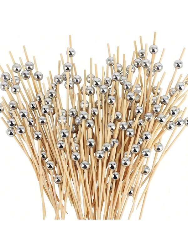 100pcs/10pcs Silver Disposable Bamboo Skewers, Round Bead Design, Suitable For Kitchen, Salad, Wedding, Party