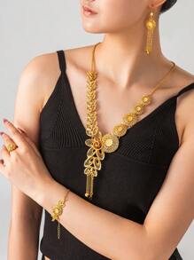 Set de 4 piezas de joyería de mujer estilo Dubai en color dorado, incluye collar de 24K, de aleación de cobre, joyería de estilo saudí