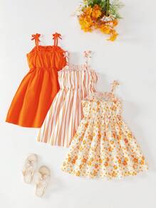 3 Pieces Set Girls Sleeveless Dress, Solid Color, Stripe, And Print Designs, Casual And Fashion Princess Dresses For Summer