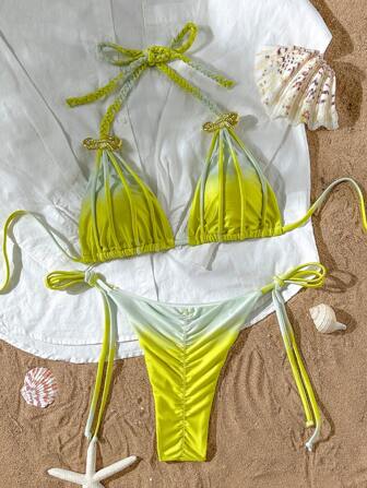 Bikinx 2025年新作 女性用 セクシーなグラデーションプリントの三角ブラ ホルターネック ビキニトップ&サイドタイ ビキニボトムセット