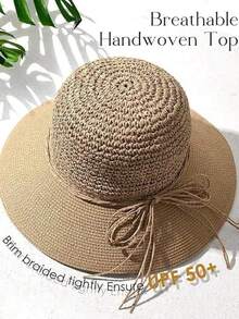 女士宽檐手工草帽，透气可折叠便携防晒沙滩帽，UPF - 彩色 - 查看 4