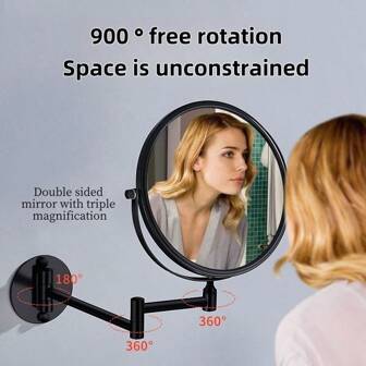 Espejo de belleza de alta definición de doble cara con rotación de 900°, ajuste omnidireccional de 360°, diseño de pared de baño de grado hotelero de alta gama sin perforación, antifragmento, antivaho, con aumento, dos caras de espejo, cojinetes de acero inoxidable, adhesivo súper resistente, materiales de alta gama, plegado con un solo clic y ahorro de espacio