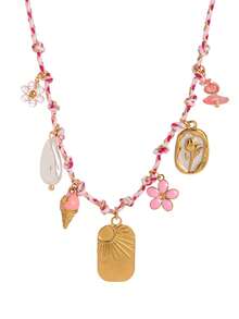 1 件不锈钢材质休闲海滩度假风格海洋生物太阳龟星花吊坠珍珠吊坠编织织物链女士项链，高品质，镀 18K 金，防水防汗，适合日常使用，是送给妻子、母亲和女朋友的最佳礼物