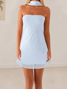 Women Mini Dress, Strapless Backless Flower/Solid Slim Fit Summer Tube Dress Clubwear With Scarf - 淺藍色 - 查看 4