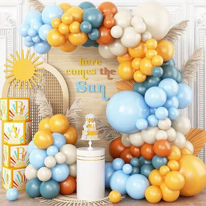 Here Comes The Son Balloon Arch Garland Kit, Boho Retro Blue Yellow Orange Nude Latex Balloons For Sun First Trip Around The Sunshine Theme Babyshower Birthday Party Decoration Supplies